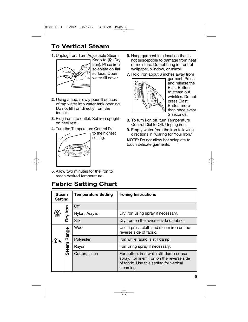 Fabric setting chart | Hamilton Beach 14560T User Manual | Page 5 / 24