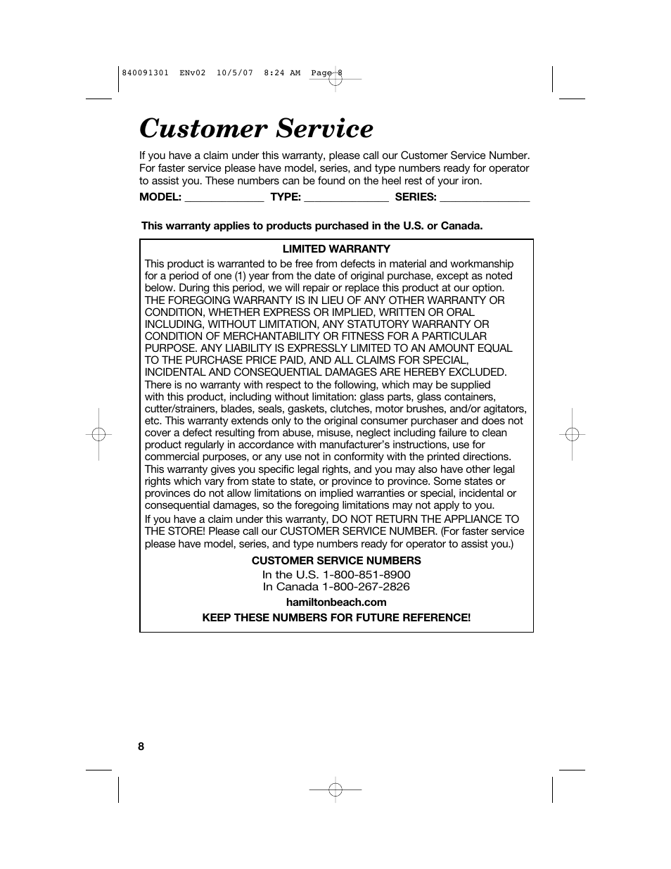 Customer service | Hamilton Beach 14560T User Manual | Page 8 / 24