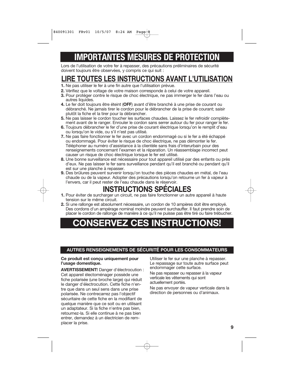 Conservez ces instructions, Importantes mesures de protection, Lire toutes les instructions avant l’utilisation | Instructions spéciales | Hamilton Beach 14560T User Manual | Page 9 / 24