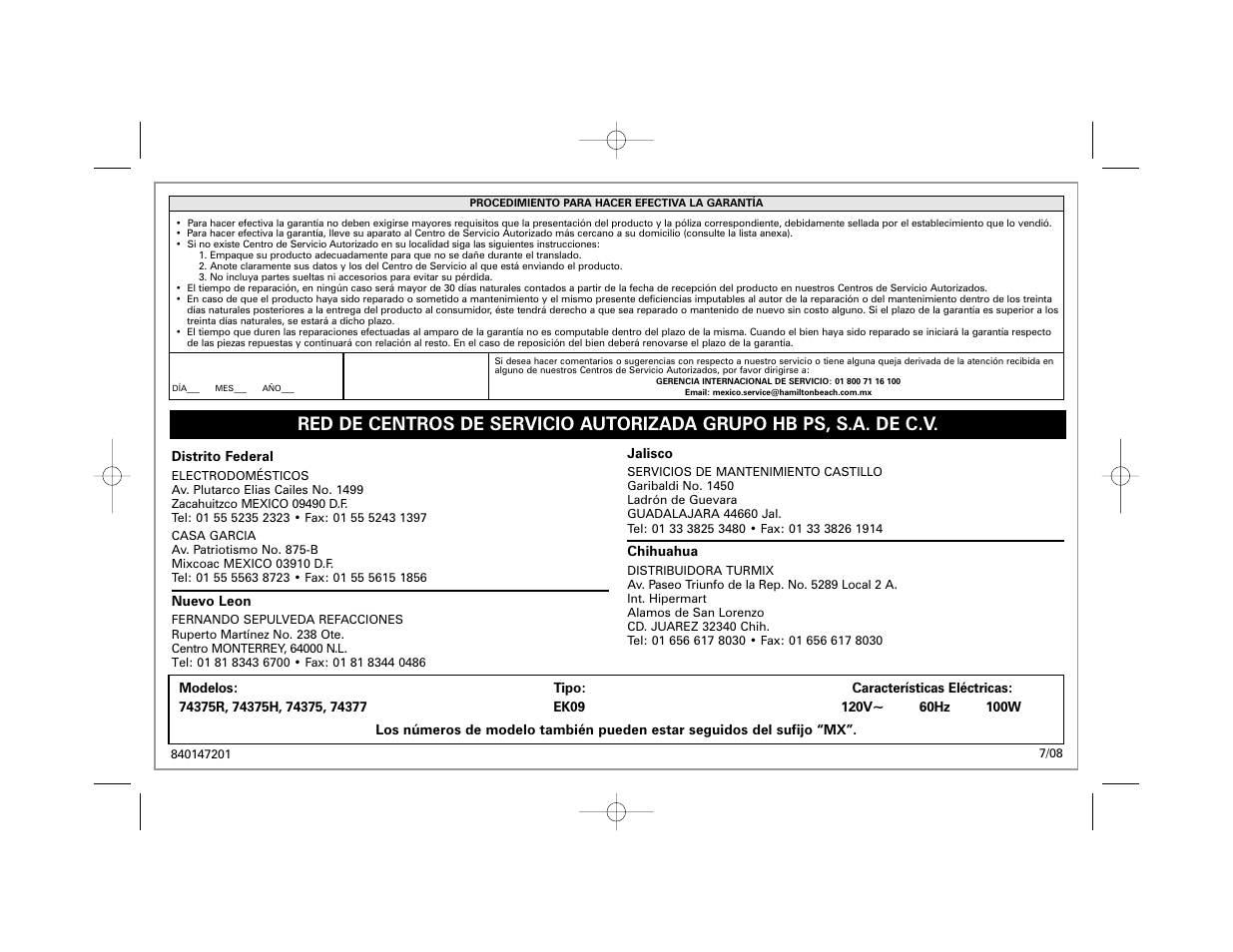 Hamilton Beach 74375R User Manual | Page 20 / 20