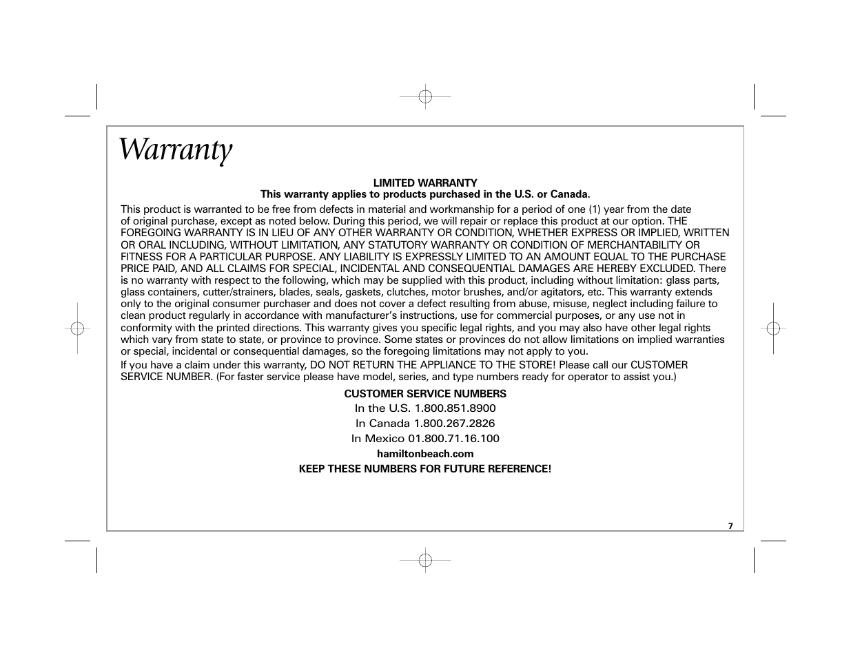 Warranty | Hamilton Beach 74375R User Manual | Page 7 / 20