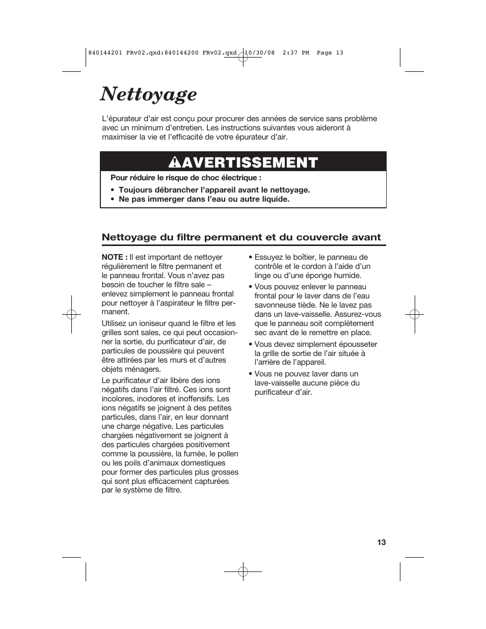 Nettoyage, Wavertissement | Hamilton Beach 04992F User Manual | Page 13 / 28