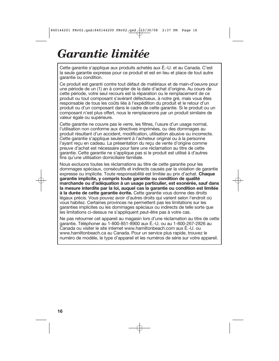 Garantie limitée | Hamilton Beach 04992F User Manual | Page 16 / 28