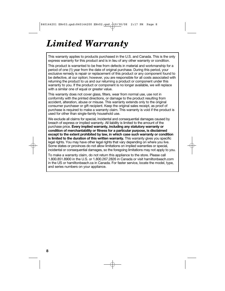 Limited warranty | Hamilton Beach 04992F User Manual | Page 8 / 28