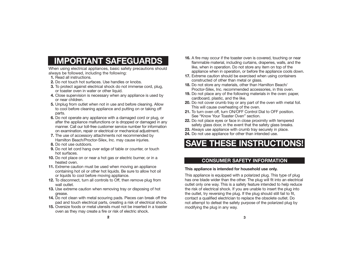 Save these instructions, Important safeguards | Hamilton Beach 840073100 User Manual | Page 2 / 7