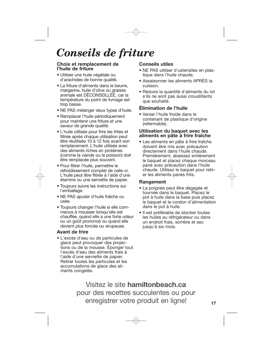 Conseils de friture | Hamilton Beach 35030C User Manual | Page 17 / 32