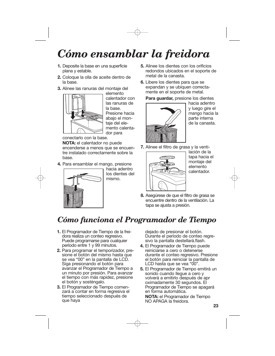 Cómo ensamblar la freidora, Cómo funciona el programador de tiempo | Hamilton Beach 35030C User Manual | Page 23 / 32