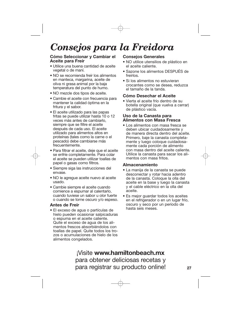 Consejos para la freidora | Hamilton Beach 35030C User Manual | Page 27 / 32