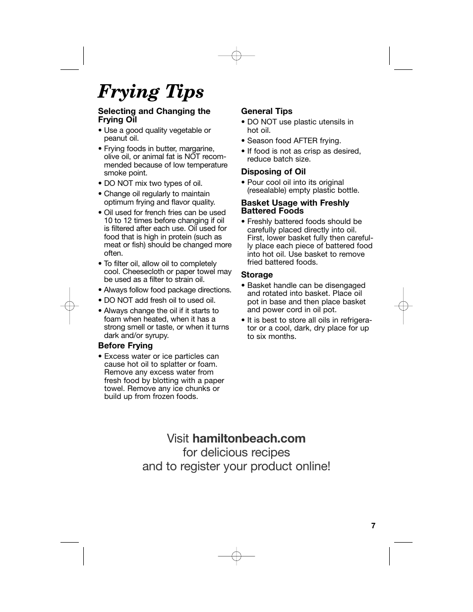 Frying tips | Hamilton Beach 35030C User Manual | Page 7 / 32