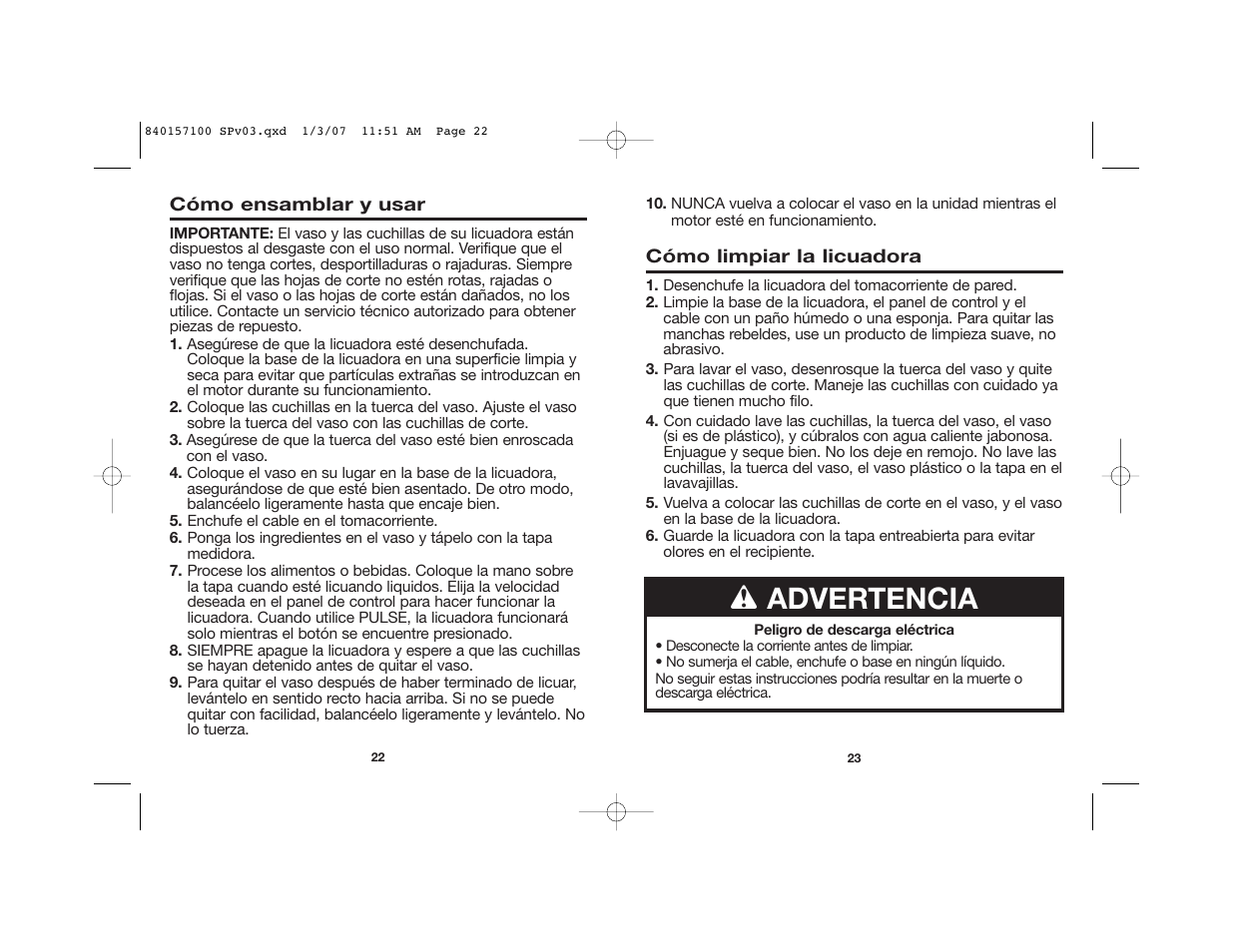 Wadvertencia | Hamilton Beach Blenders User Manual | Page 12 / 15