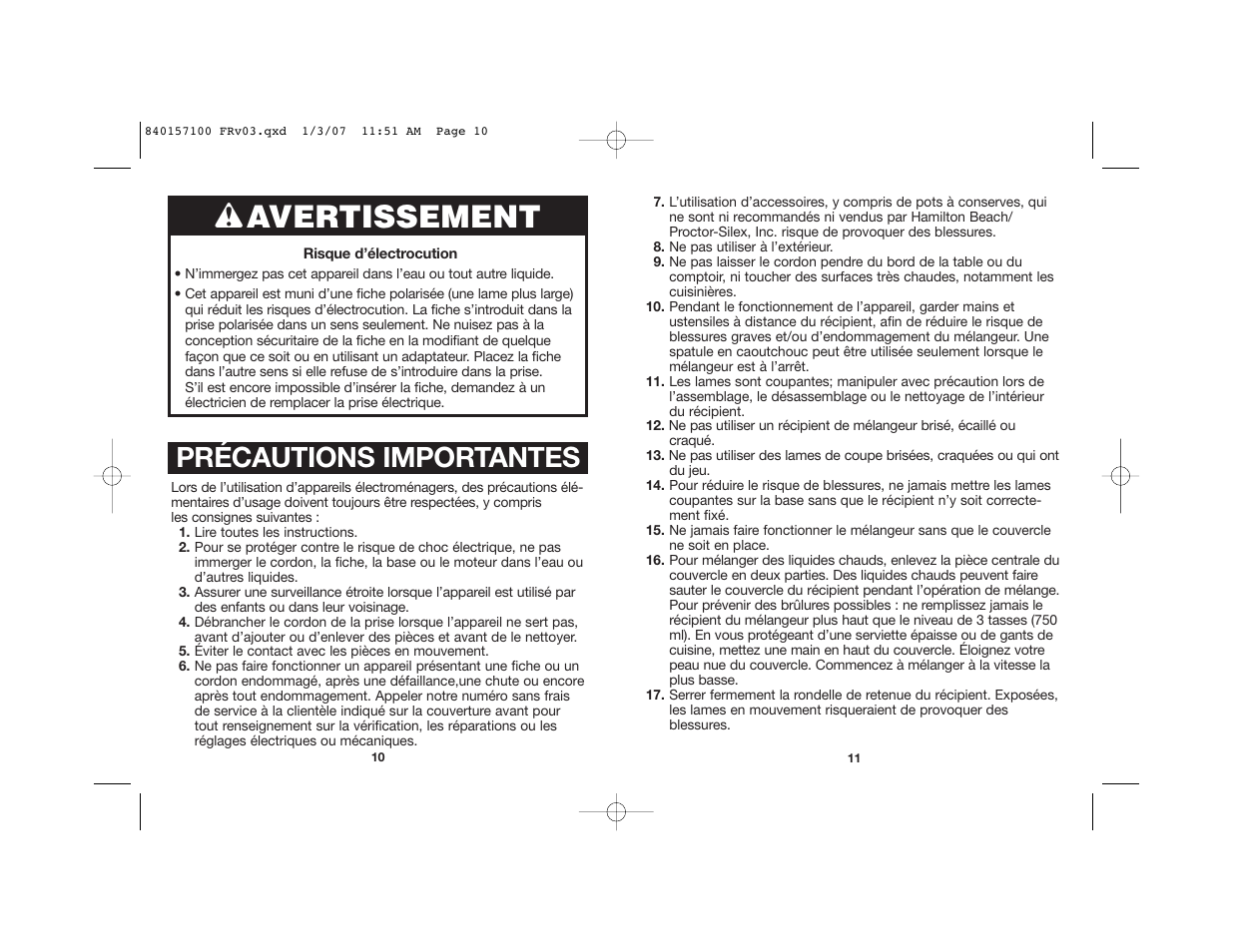 Wavertissement, Précautions importantes | Hamilton Beach Blenders User Manual | Page 6 / 15