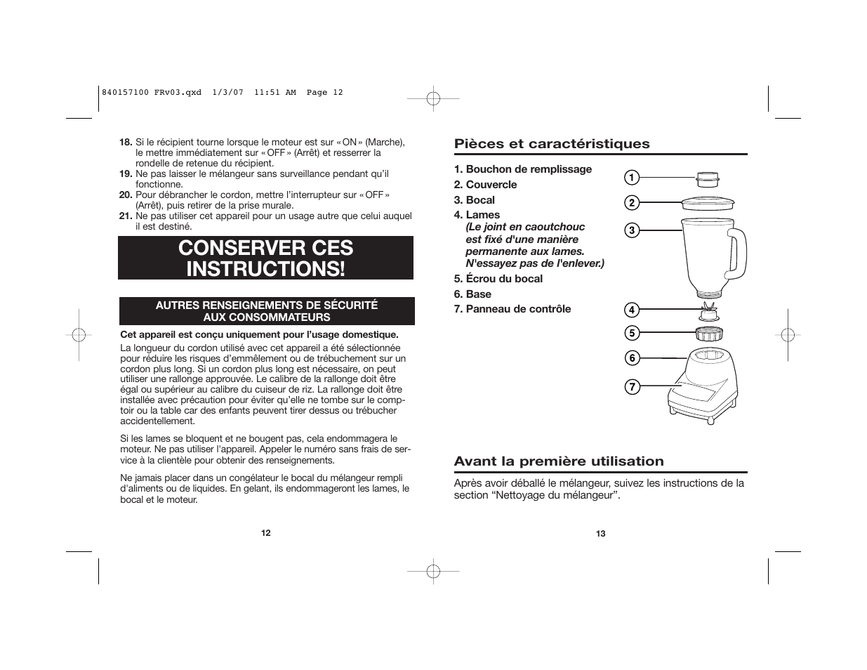 Conserver ces instructions | Hamilton Beach Blenders User Manual | Page 7 / 15