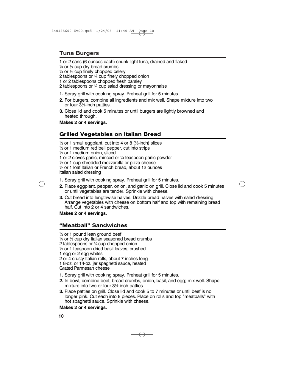 Tuna burgers, Grilled vegetables on italian bread, Meatball” sandwiches | Hamilton Beach 840135600 User Manual | Page 10 / 36