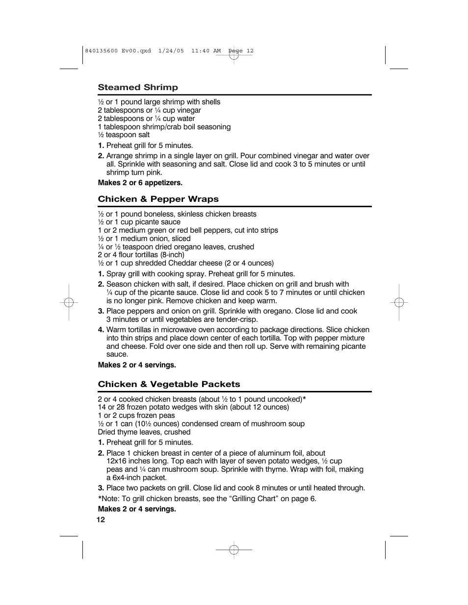 Steamed shrimp, Chicken & pepper wraps, Chicken & vegetable packets | Hamilton Beach 840135600 User Manual | Page 12 / 36