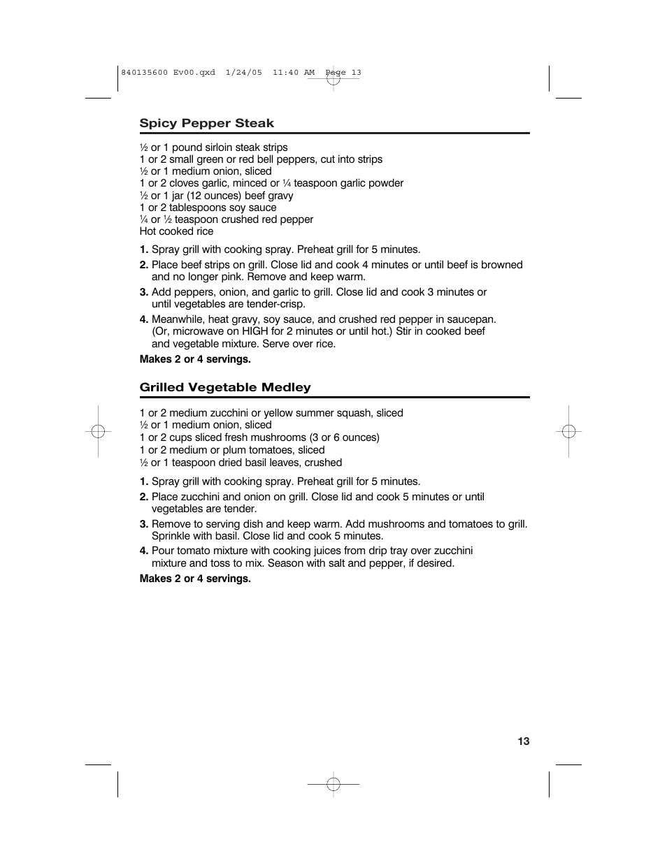 Spicy pepper steak, Grilled vegetable medley | Hamilton Beach 840135600 User Manual | Page 13 / 36