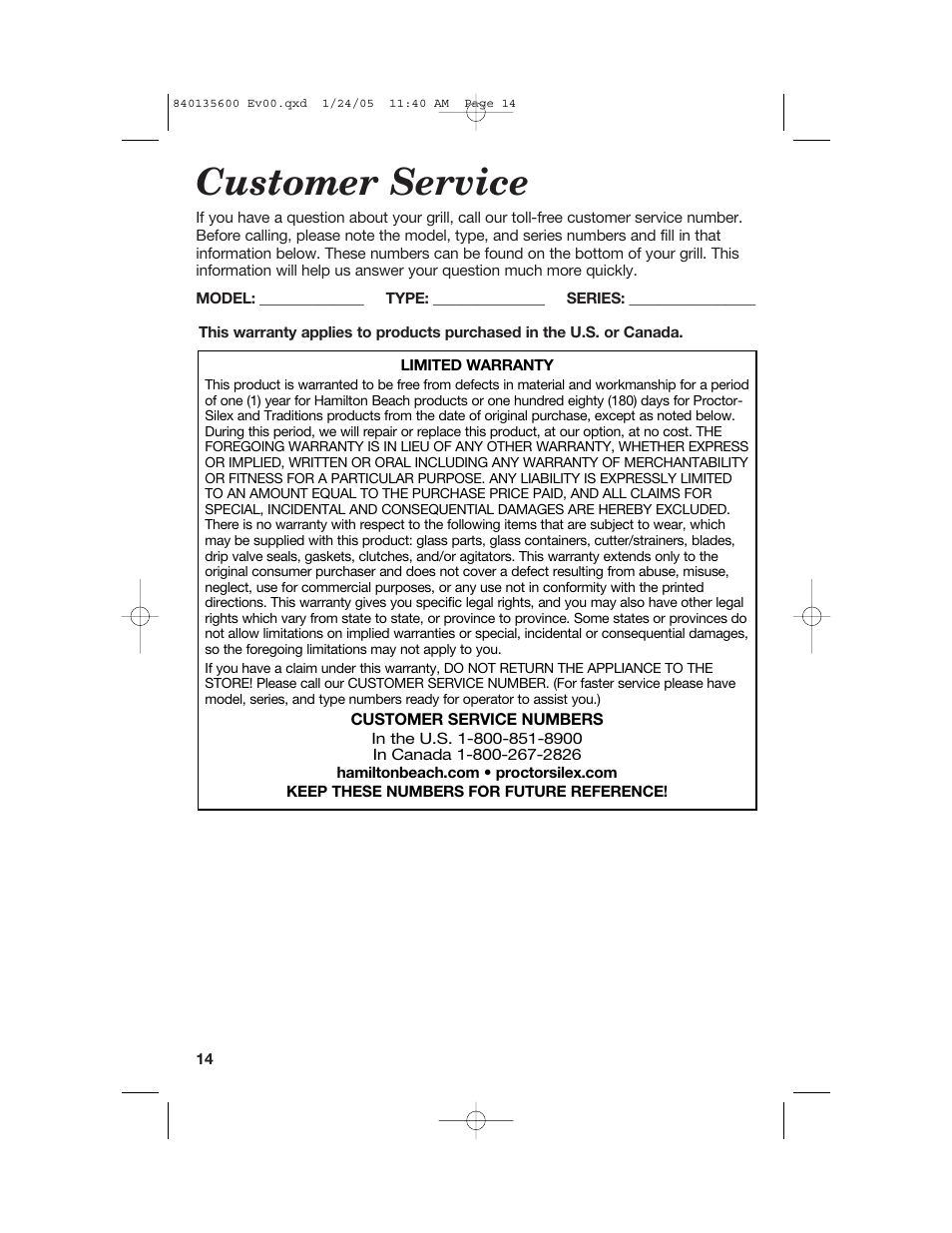 Customer service | Hamilton Beach 840135600 User Manual | Page 14 / 36