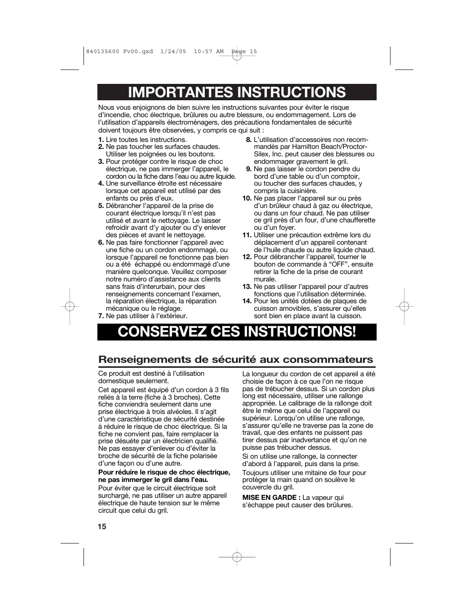 Renseignements de sécurité aux consommateurs | Hamilton Beach 840135600 User Manual | Page 15 / 36