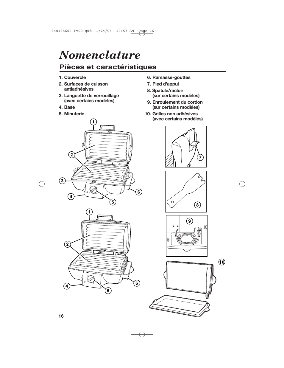 Nomenclature, Pièces et caractéristiques | Hamilton Beach 840135600 User Manual | Page 16 / 36