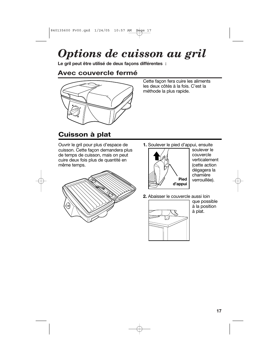 Options de cuisson au gril, Avec couvercle fermé, Cuisson à plat | Hamilton Beach 840135600 User Manual | Page 17 / 36