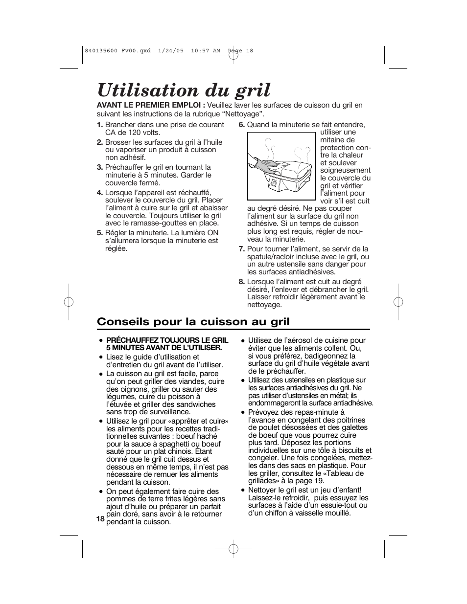 Utilisation du gril, Conseils pour la cuisson au gril | Hamilton Beach 840135600 User Manual | Page 18 / 36
