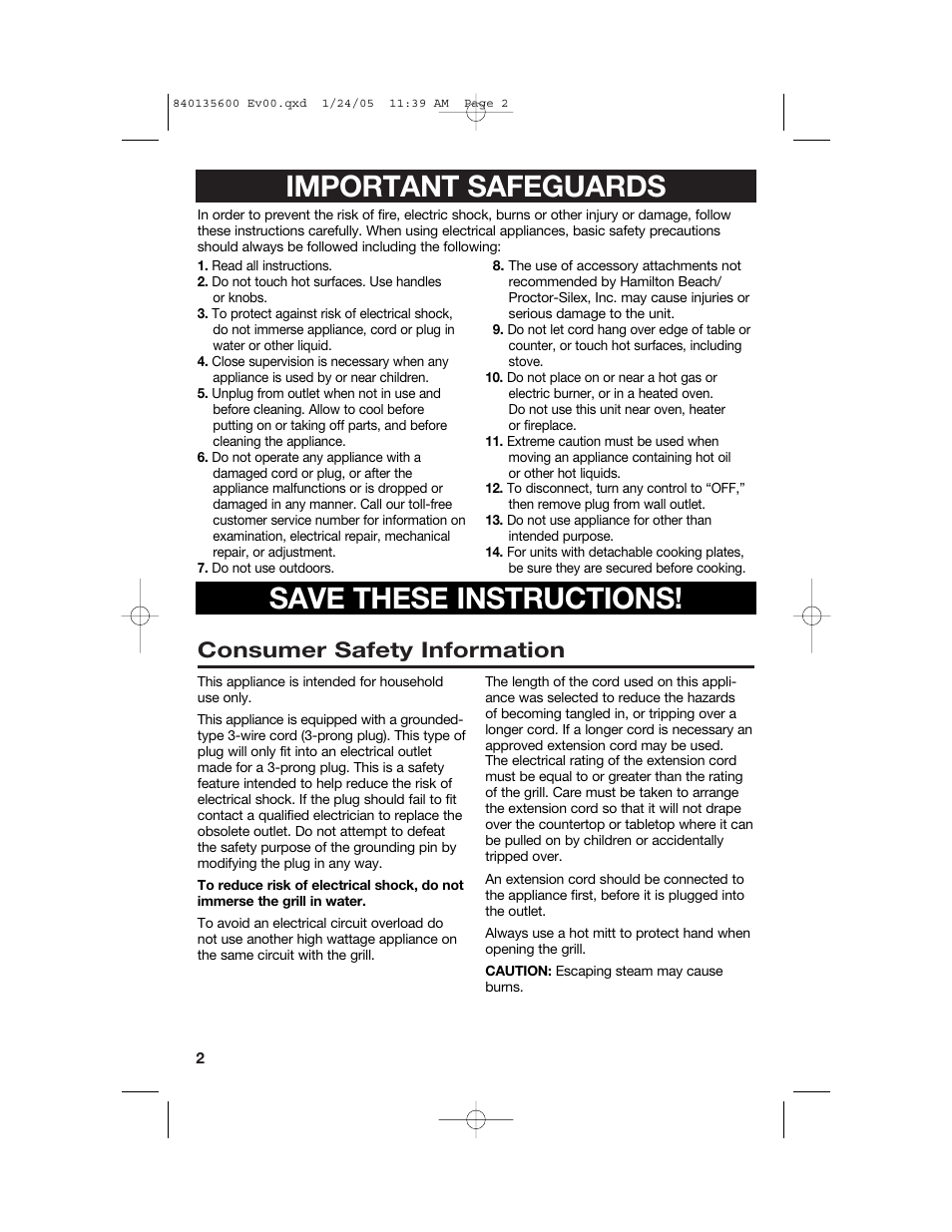 Important safeguards save these instructions, Consumer safety information | Hamilton Beach 840135600 User Manual | Page 2 / 36