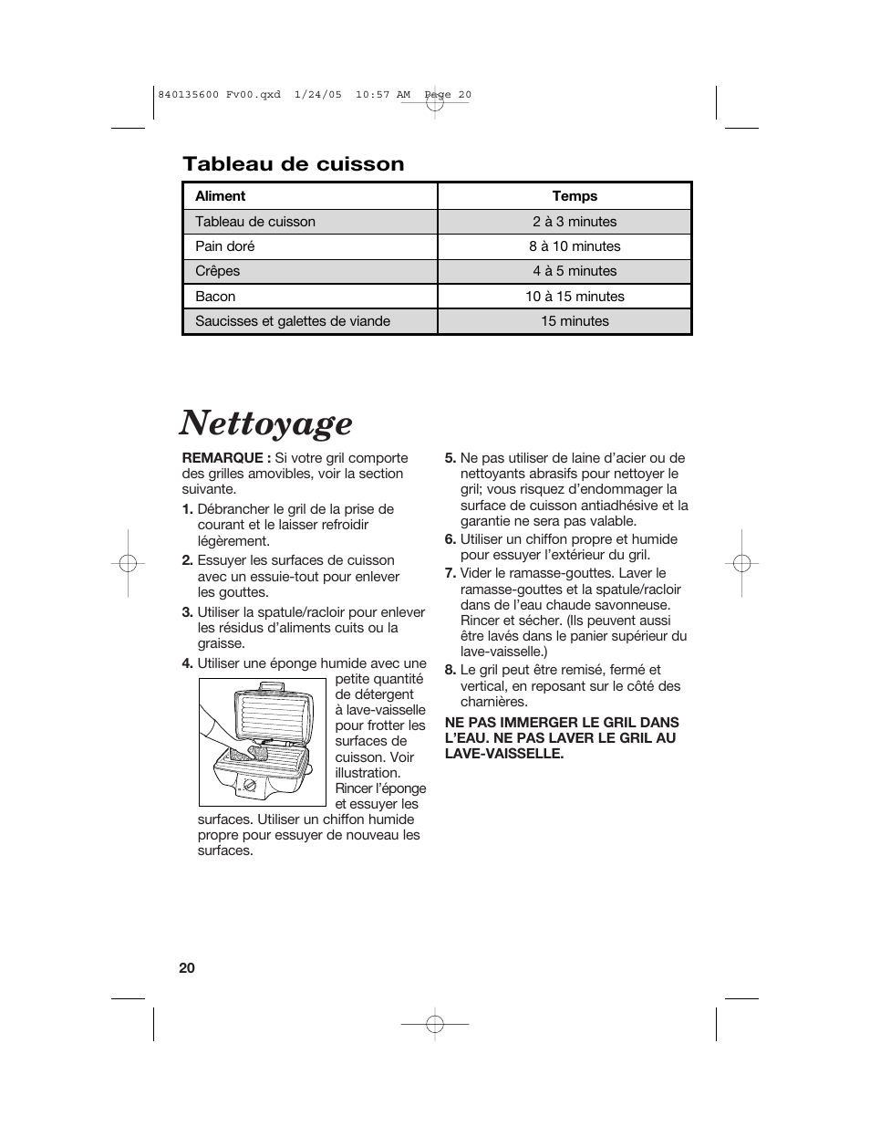 Nettoyage, Tableau de cuisson | Hamilton Beach 840135600 User Manual | Page 20 / 36