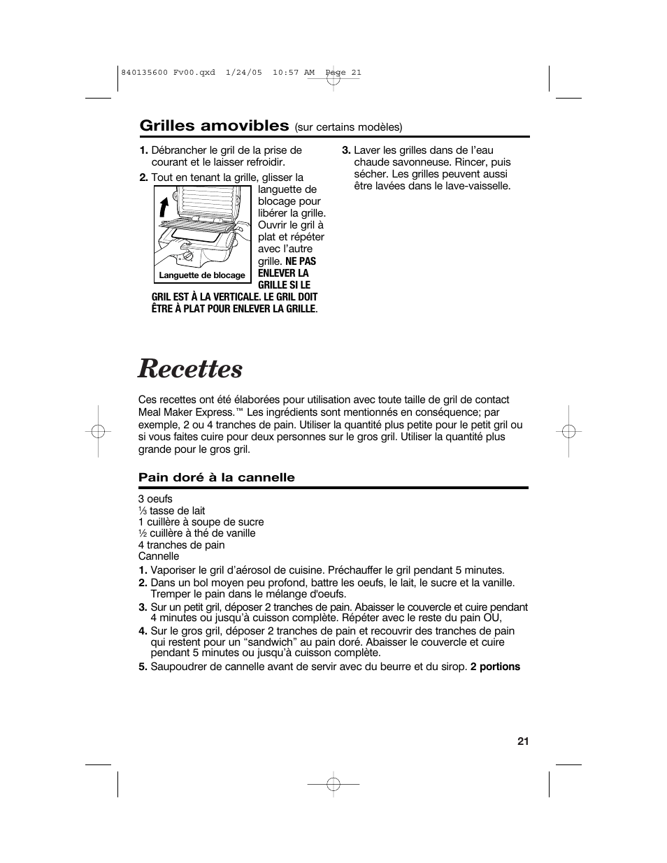 Recettes, Grilles amovibles | Hamilton Beach 840135600 User Manual | Page 21 / 36