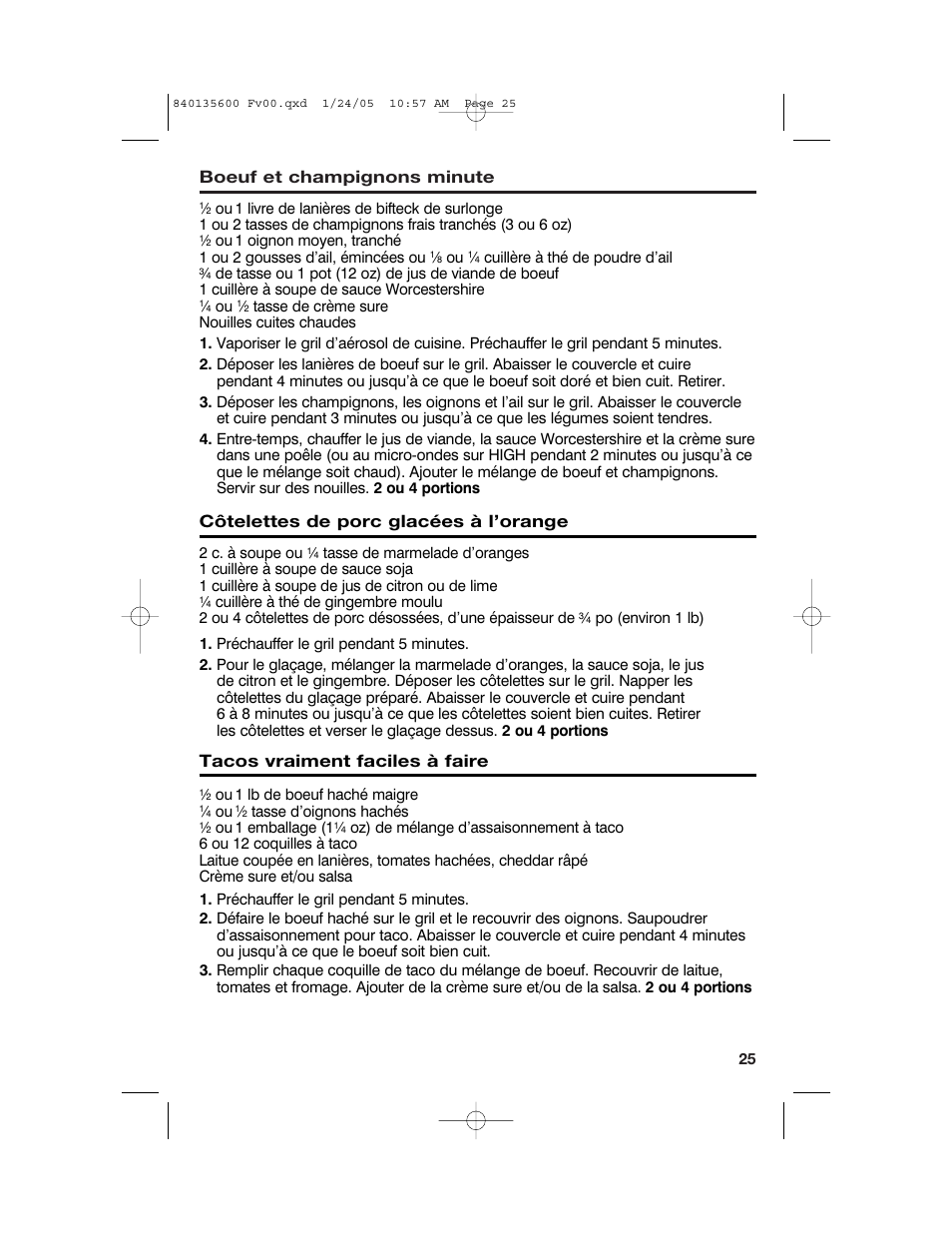 Boeuf et champignons minute, Côtelettes de porc glacées à l’orange, Tacos vraiment faciles à faire | Hamilton Beach 840135600 User Manual | Page 25 / 36