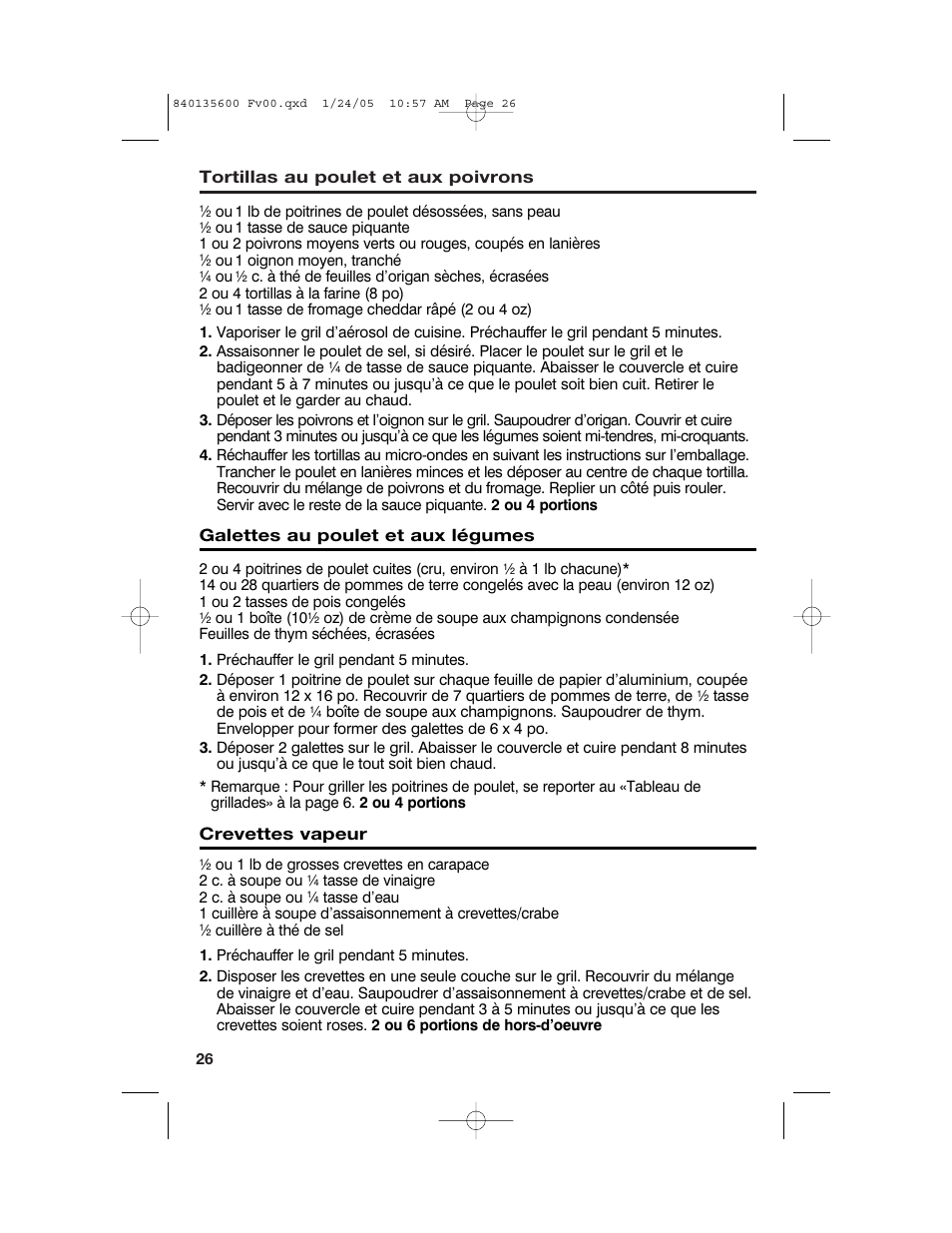 Tortillas au poulet et aux poivrons, Galettes au poulet et aux légumes, Crevettes vapeur | Hamilton Beach 840135600 User Manual | Page 26 / 36