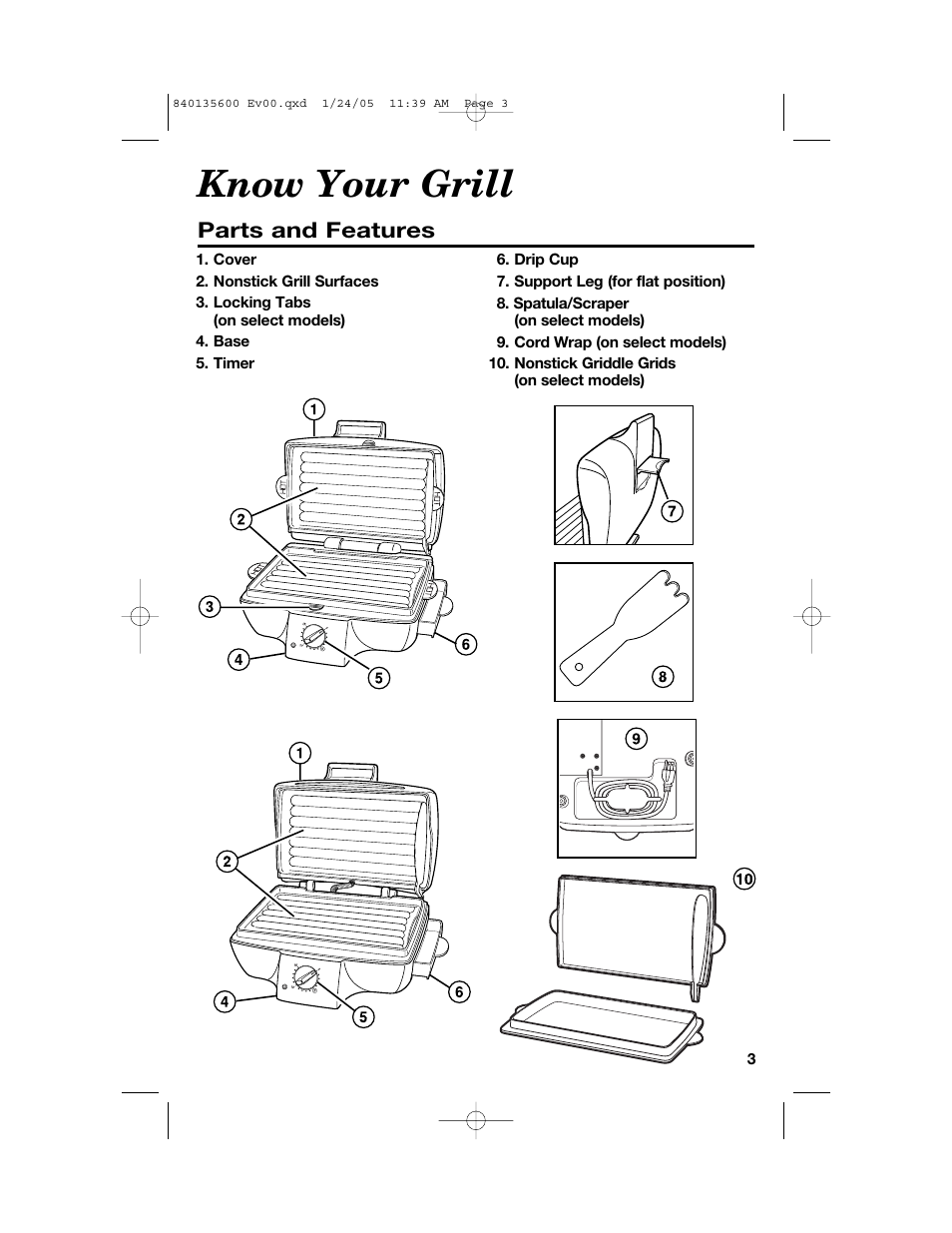 Know your grill, Parts and features | Hamilton Beach 840135600 User Manual | Page 3 / 36