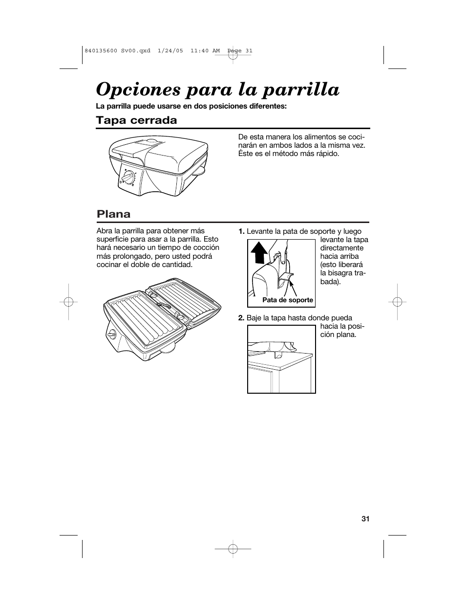 Opciones para la parrilla, Plana, Tapa cerrada | Hamilton Beach 840135600 User Manual | Page 31 / 36