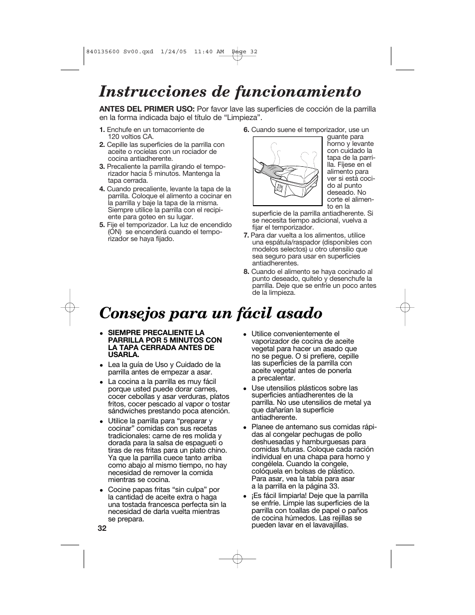Instrucciones de funcionamiento, Consejos para un fácil asado | Hamilton Beach 840135600 User Manual | Page 32 / 36