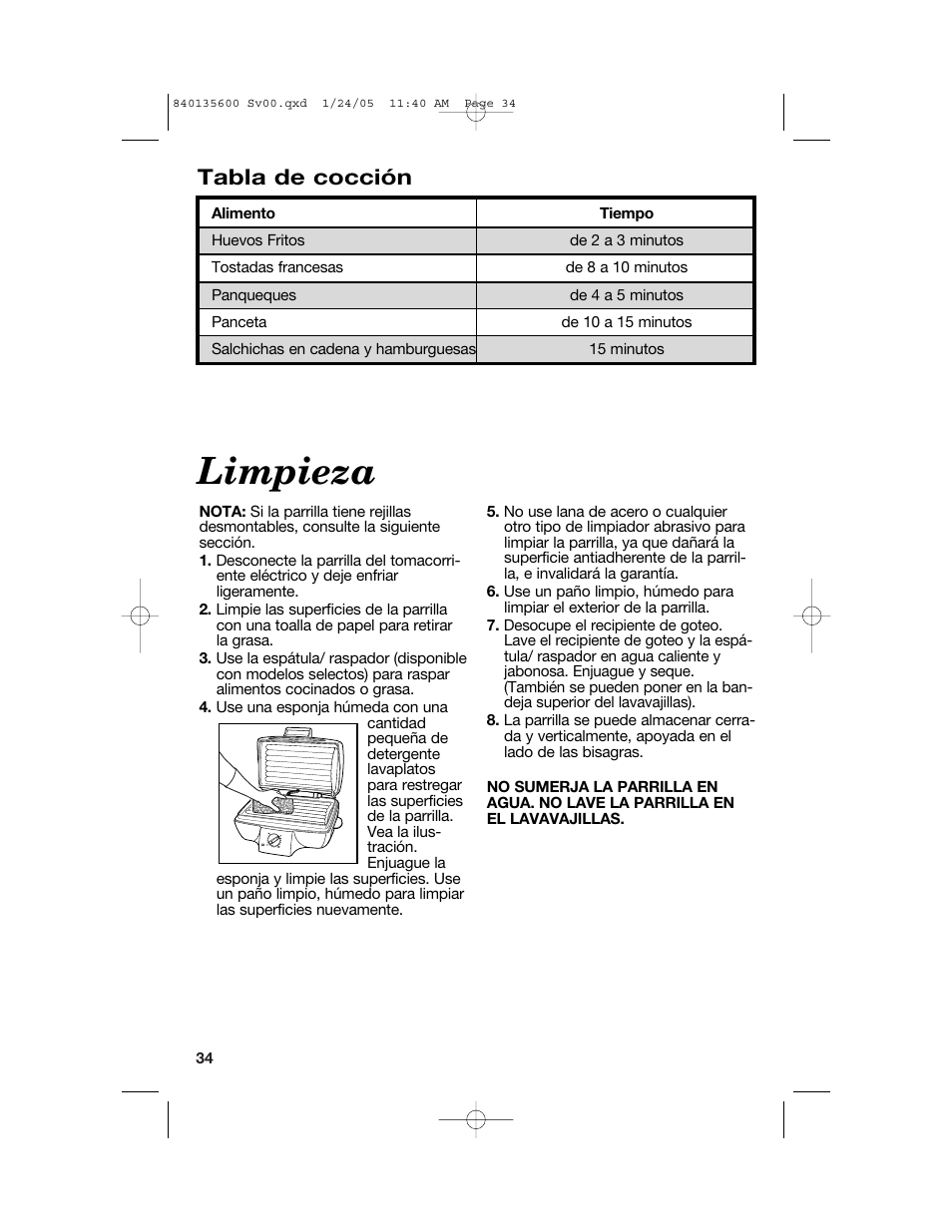 Limpieza, Tabla de cocción | Hamilton Beach 840135600 User Manual | Page 34 / 36