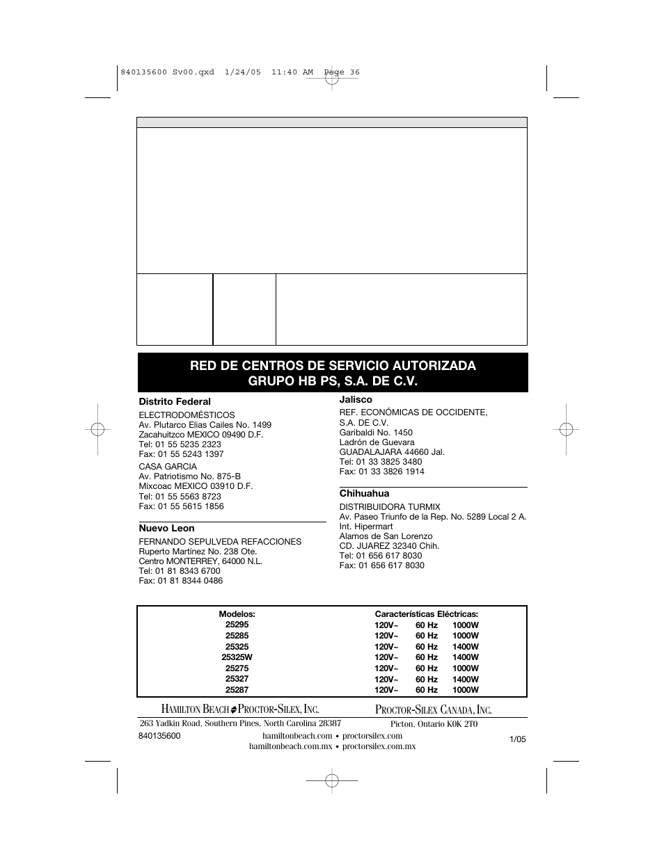 Hamilton Beach 840135600 User Manual | Page 36 / 36