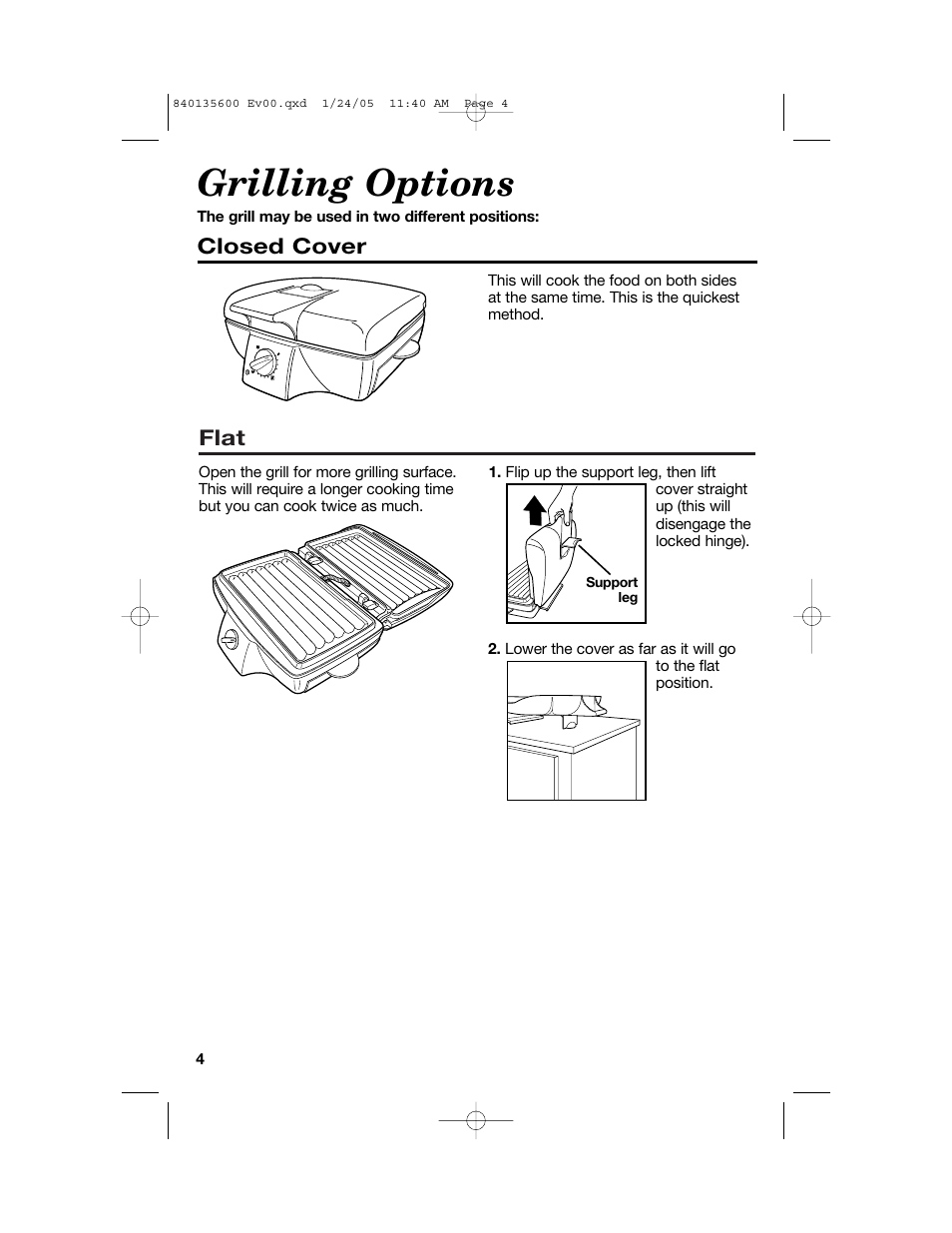 Grilling options, Flat, Closed cover | Hamilton Beach 840135600 User Manual | Page 4 / 36
