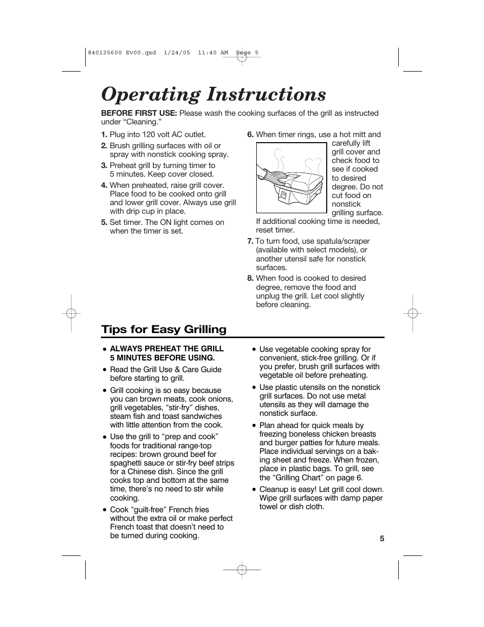 Operating instructions, Tips for easy grilling | Hamilton Beach 840135600 User Manual | Page 5 / 36