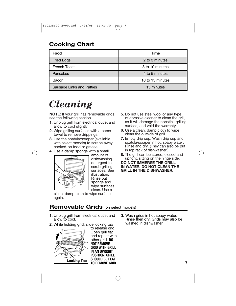 Cleaning, Removable grids, Cooking chart | Hamilton Beach 840135600 User Manual | Page 7 / 36