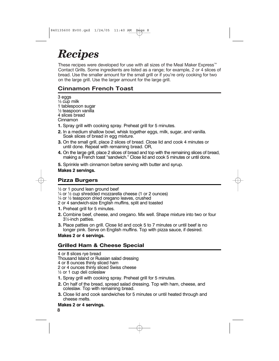 Recipes, Cinnamon french toast | Hamilton Beach 840135600 User Manual | Page 8 / 36