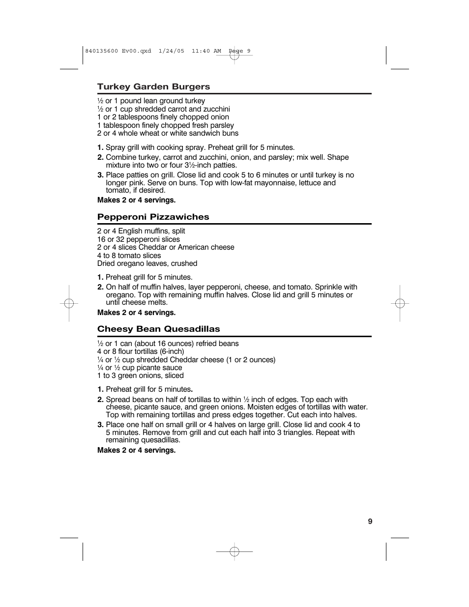 Turkey garden burgers, Pepperoni pizzawiches, Cheesy bean quesadillas | Hamilton Beach 840135600 User Manual | Page 9 / 36