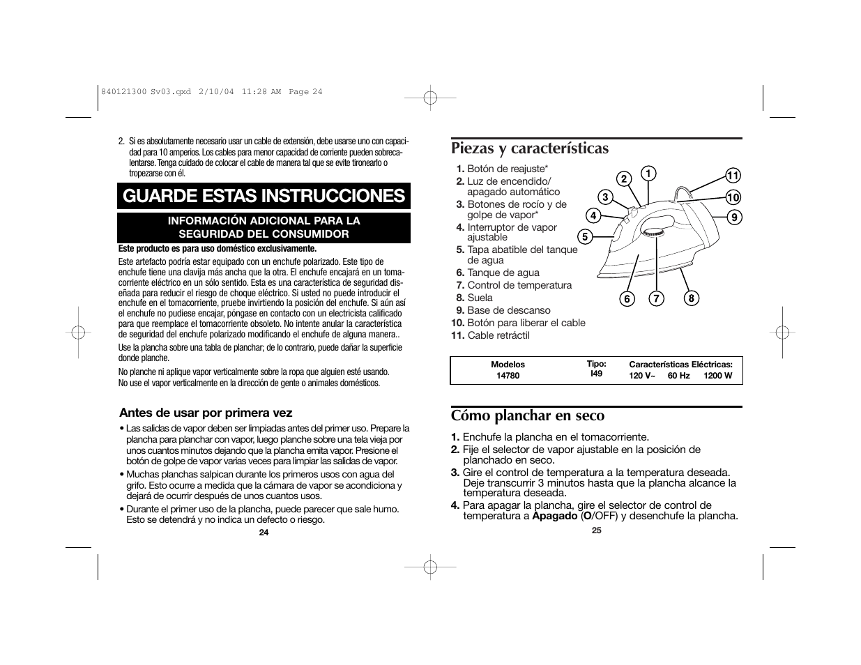 Guarde estas instrucciones, Piezas y características, Cómo planchar en seco | Hamilton Beach 840121300 User Manual | Page 14 / 20