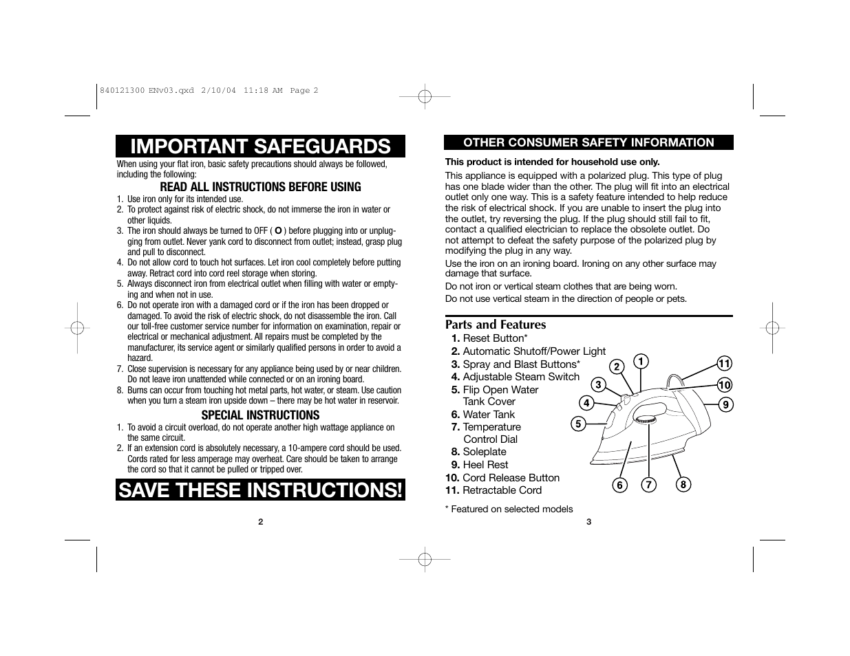 Important safeguards, Save these instructions | Hamilton Beach 840121300 User Manual | Page 2 / 20