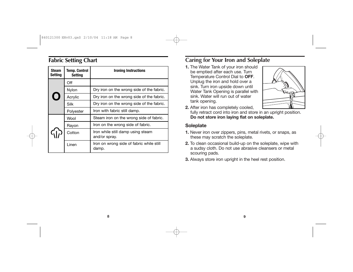 Caring for your iron and soleplate, Fabric setting chart | Hamilton Beach 840121300 User Manual | Page 5 / 20