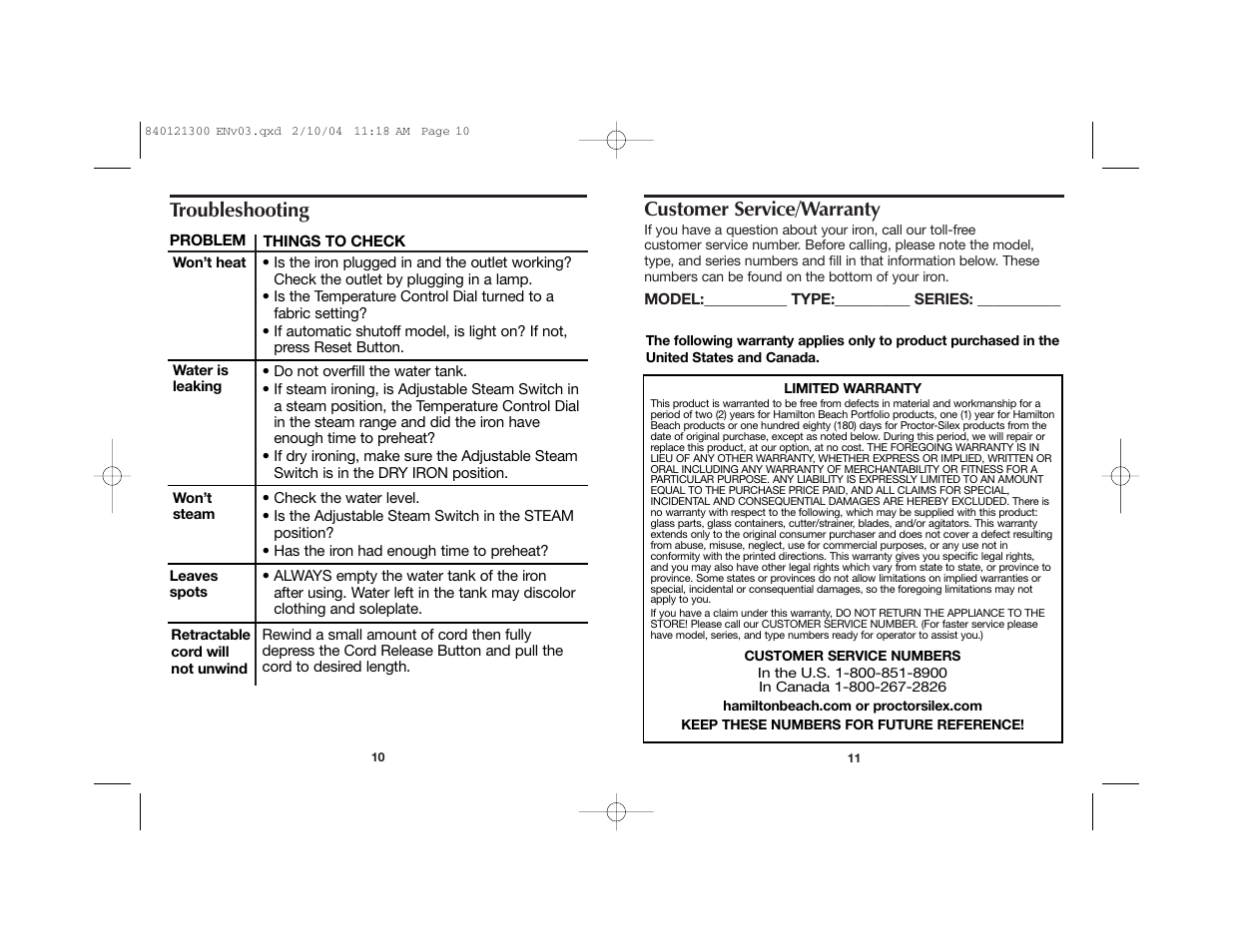 Customer service/warranty, Troubleshooting | Hamilton Beach 840121300 User Manual | Page 6 / 20