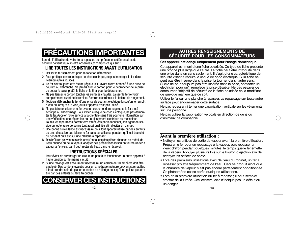 Précautions importantes, Conserver ces instructions | Hamilton Beach 840121300 User Manual | Page 7 / 20