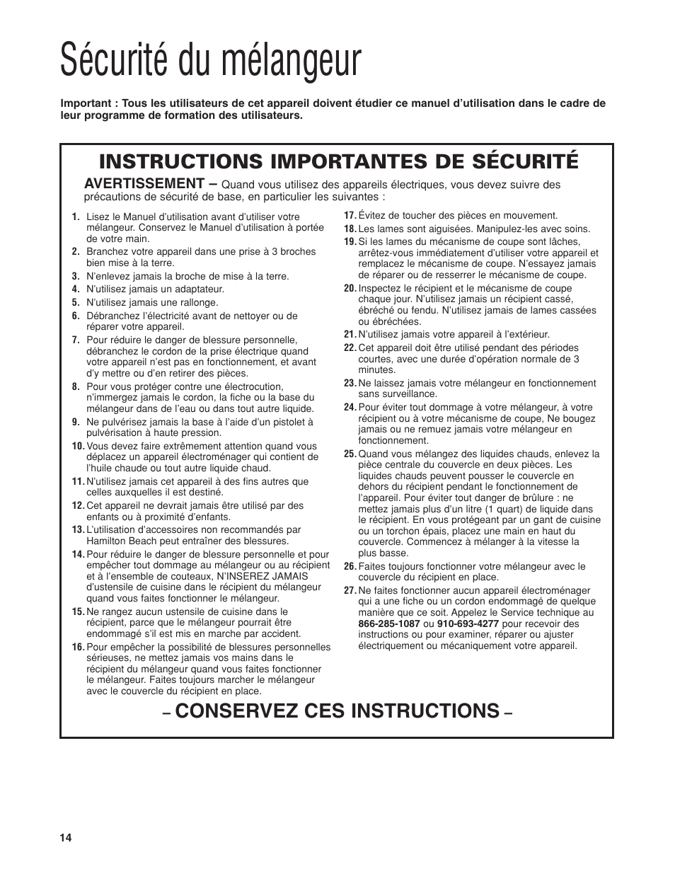 Sécurité du mélangeur, Conservez ces instructions, Instructions importantes de sécurité | Avertissement | Hamilton Beach HBH650 User Manual | Page 14 / 40