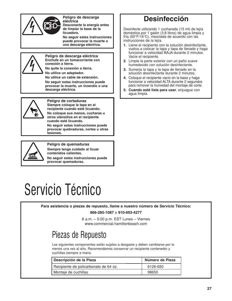 Servicio técnico, Piezas de repuesto, Desinfección | Hamilton Beach HBH650 User Manual | Page 27 / 40