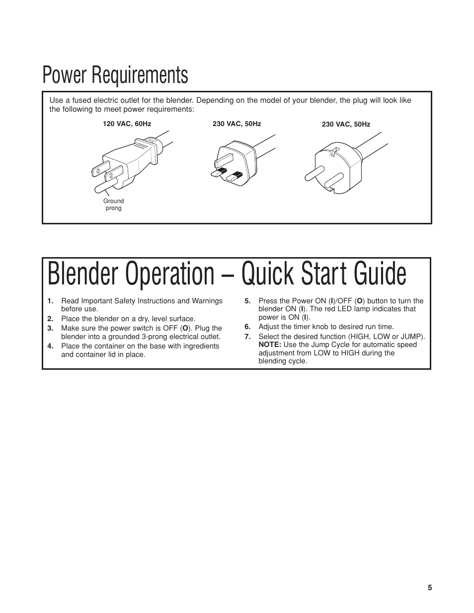 Blender operation – quick start guide, Power requirements | Hamilton Beach HBH650 User Manual | Page 5 / 40