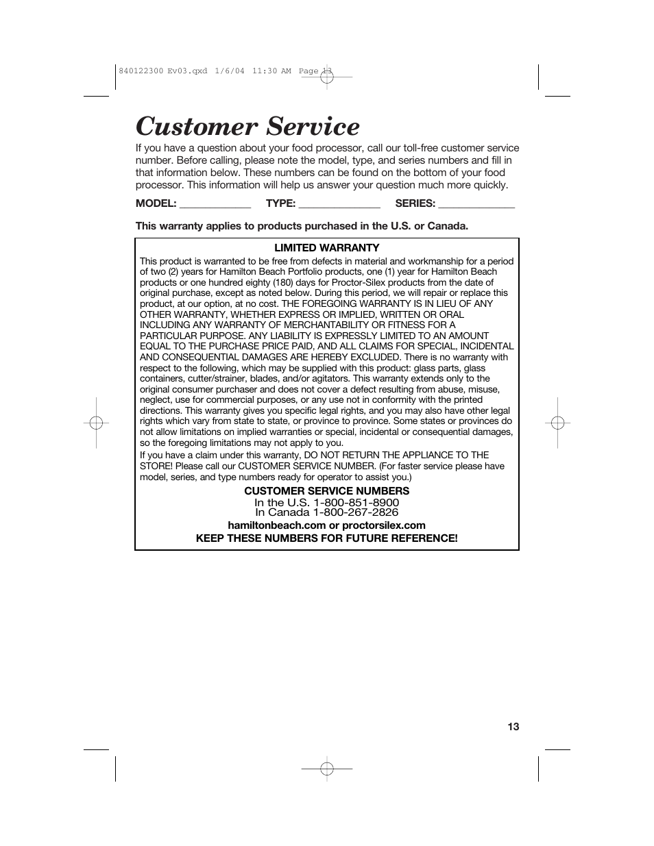 Customer service | Hamilton Beach 70450C User Manual | Page 13 / 40