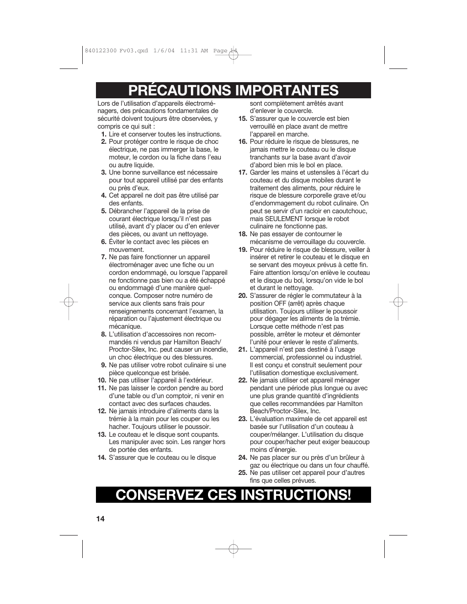 Précautions importantes conservez ces instructions | Hamilton Beach 70450C User Manual | Page 14 / 40