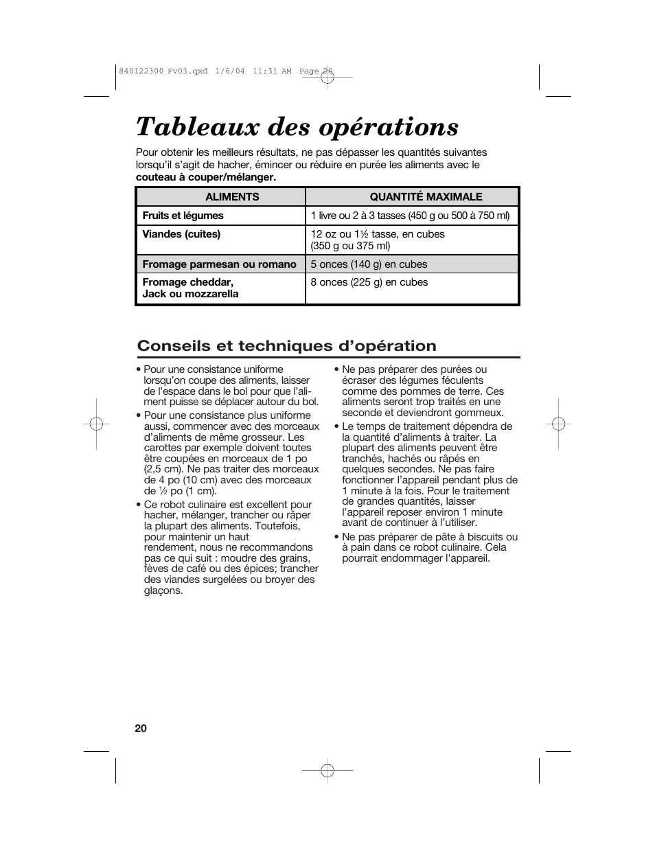 Tableaux des opérations, Conseils et techniques d’opération | Hamilton Beach 70450C User Manual | Page 20 / 40